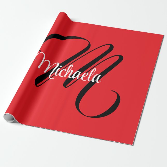 Minimalistiskt modernt monogram initialt namn röd presentpapper (Utrullad)