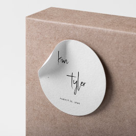 Minimalistiskt, modernt namn-skript bröllop runt klistermärke