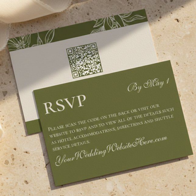 Minimalistiskt modernt Oliv grönt Bröllop QR OSA Kort (Minimalist Modern Olive Green Wedding QR RSVP Card)