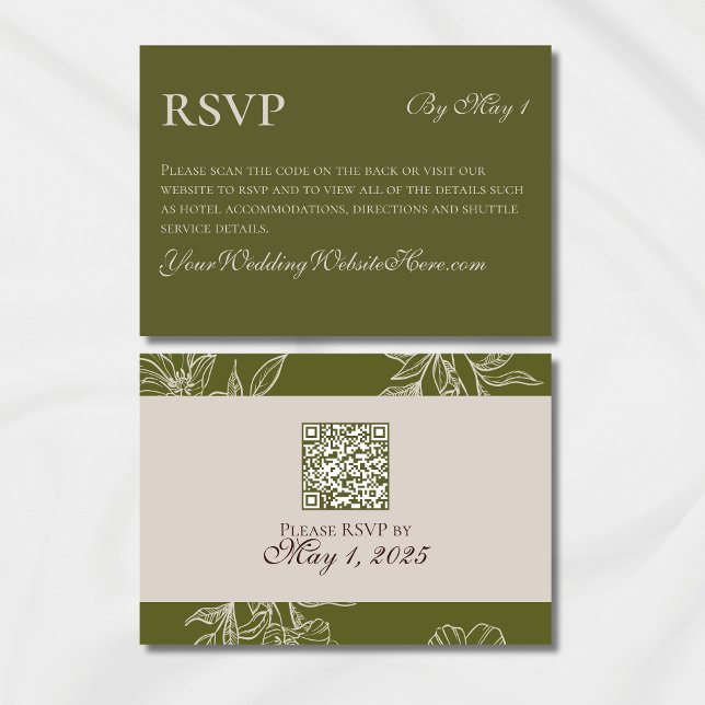 Minimalistiskt modernt Oliv grönt Bröllop QR OSA Kort (Modern Elegant Mousse Brown Wedding Suite Theme with options to personalize for your special day.)