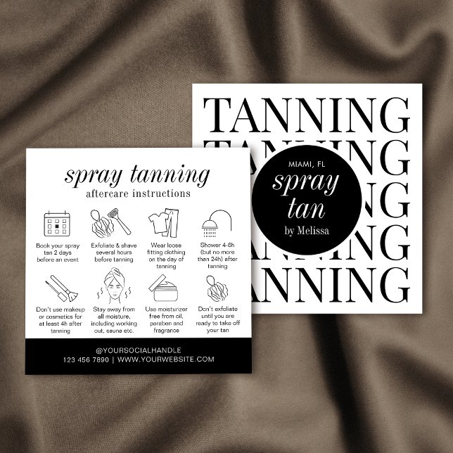 Minimalistiskt modernt saloneringskort för sprejni fyrkantigt visitkort (Spray tan aftercare cards with care icons and space for your logo and contact details)