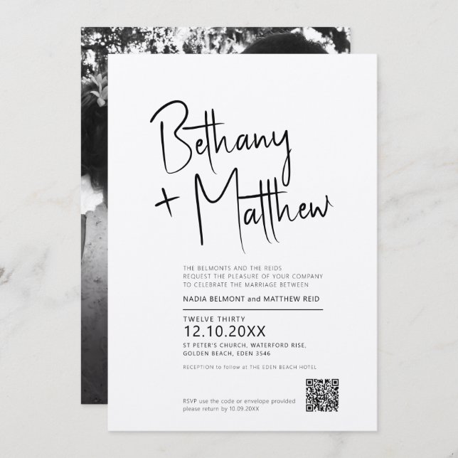 Minimalistiskt mono-kalligrafi-skript bröllop QR-O Inbjudningar (Fram/baksida)