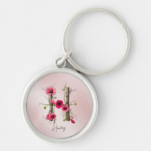 Minimalistiskt Monogram Brev H med vallmo och vin Rund Silverfärgad Nyckelring