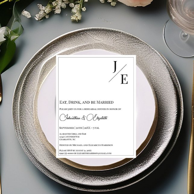Minimalistiskt monogram Bröllop Rehearsal Dinner W Inbjudningar (Minimalist Monogram Wedding Rehearsal Dinner Invitation | White)