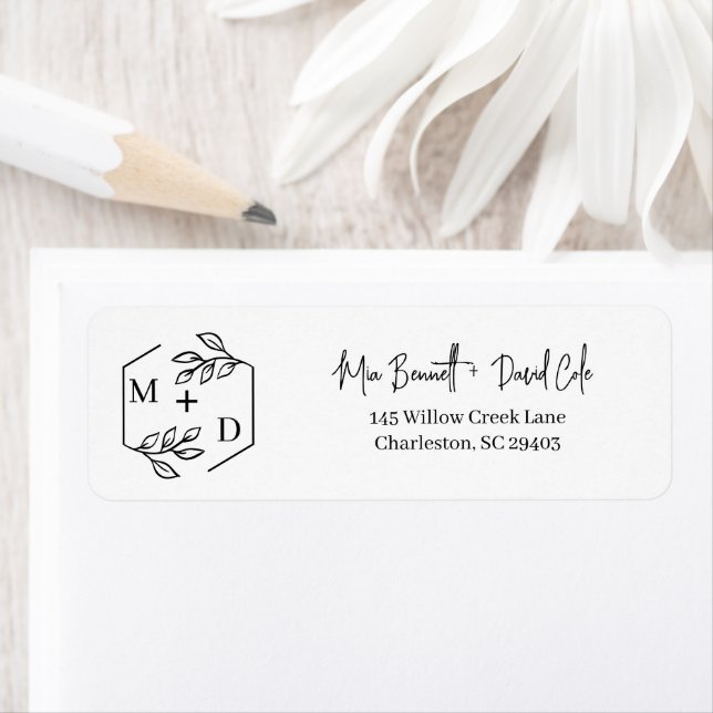 Minimalistiskt Monogram Bröllop Svart och Vitt Returadress Etikett (Insitu)