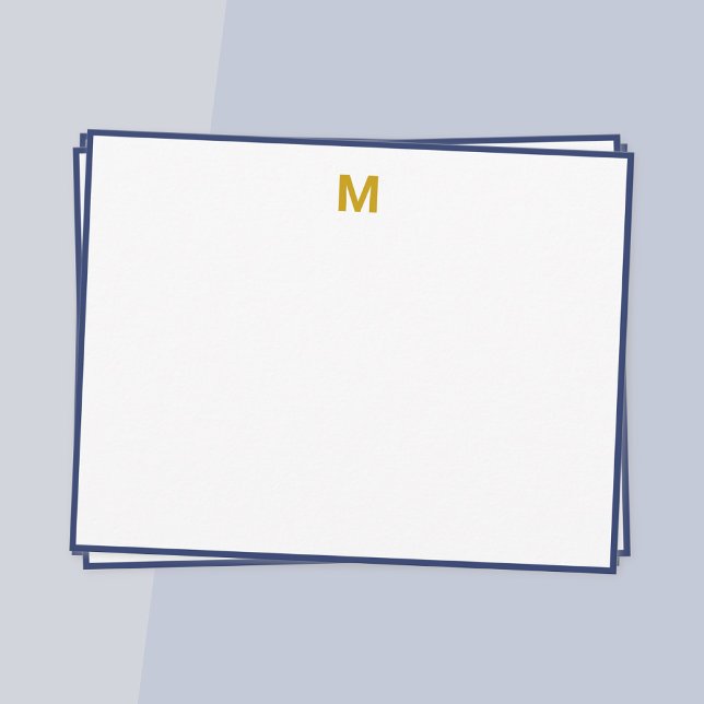 Minimalistiskt Monogram för marinblått Gräns Guld Anteckningskort (Navy blue border gold monogram note card)
