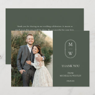 Minimalistiskt Monogram Moss Grönt Bröllop Photo Tack Kort