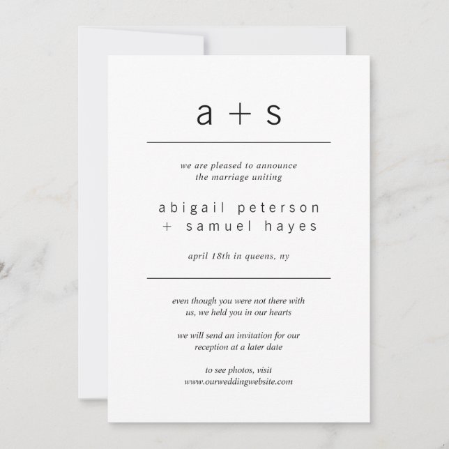Minimalistiskt monogram Photo Bröllop Elopement Meddelande (Framsida)