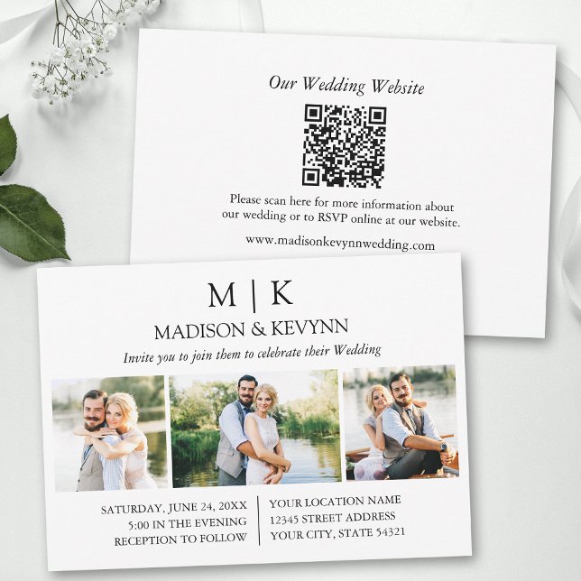 Minimalistiskt monogram QR-kod Bröllop 3-foto Inbjudningar (Add your wedding website or social media web address to the QR Scan Code.)