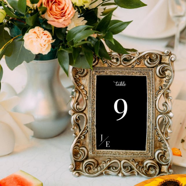 Minimalistiskt monogrambröllop | Svart Bordsnummer (Minimalist Monogram Wedding Reception Table Number Black Card)