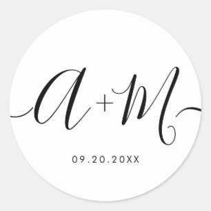 Minimalistiskt monogramskript Personligt bröllp-da Runt Klistermärke