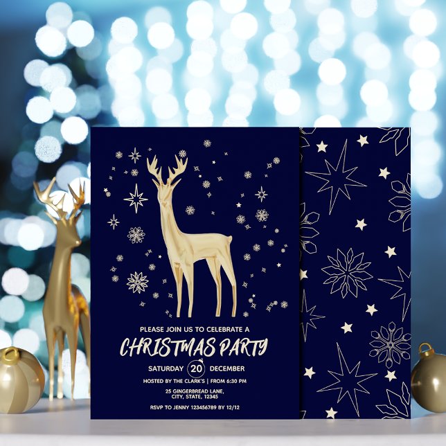 Minimalistiskt mörk blått och guld Elegant julafto Inbjudningar (Minimalist dark blue and gold Elegant Deer xmas Invitation)