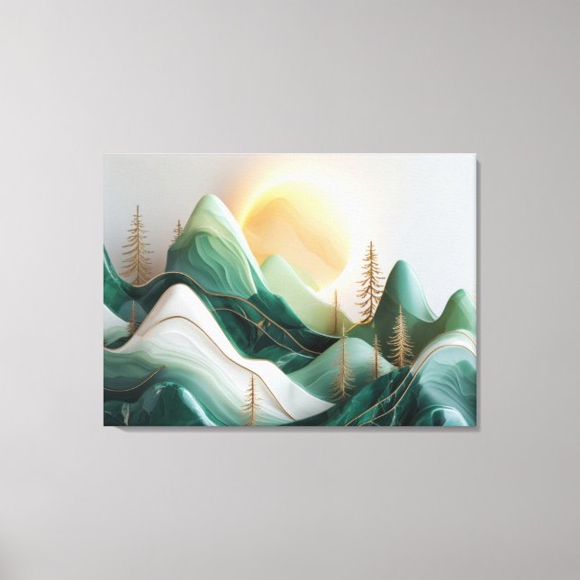 Minimalistiskt mosaikbergslandskap med Träd Canvastryck (Framsida)