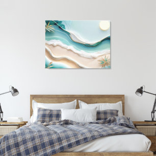 Minimalistiskt mosaikstrandskap med Handflatan Trä Canvastryck
