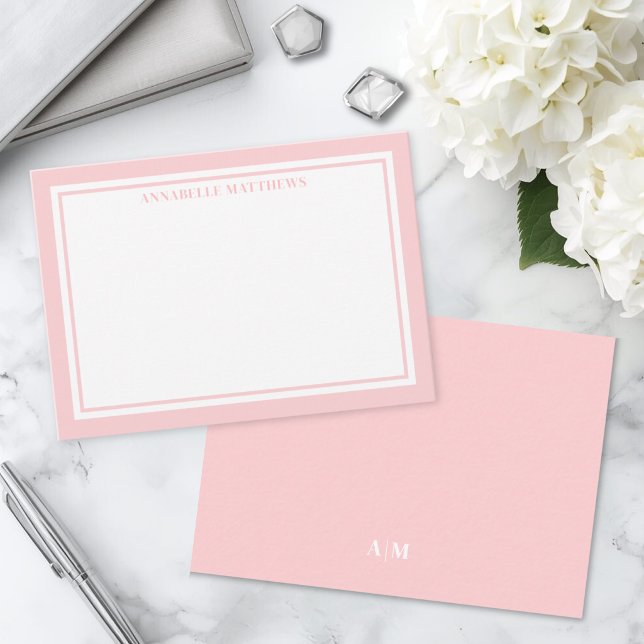 Minimalistiskt namnmonogram med rosa kant anteckningskort (Pink Border Minimalist Name Monogram Note Card )