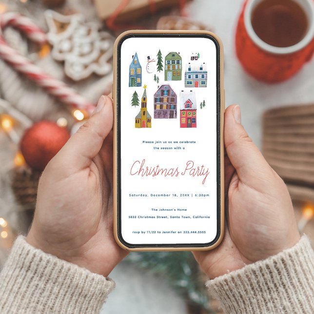 Minimalistiskt nordiska vinterbyage jul Party Inbjudningar (Cute Winter House Village Holiday Christmas Party Invitation)