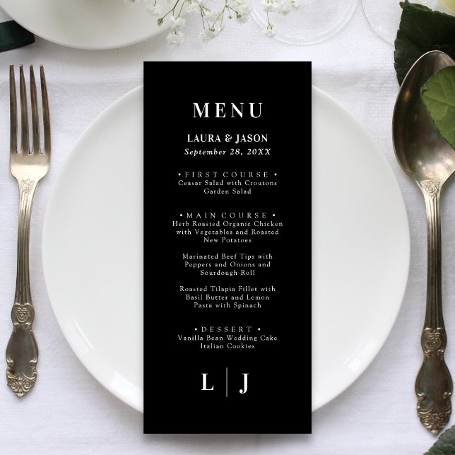 Minimalistiskt och Chic | Svart och Vitt Bröllopsm Meny (Minimal black and white wedding menu adds personalized chic style to your reception.)