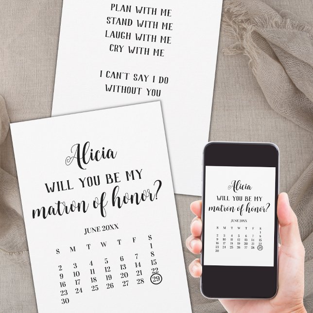 Minimalistiskt om jag vill Frieri hederskalendern Inbjudningar (save the date matron of honor calendar minimalist, will you be my matron of honor card)