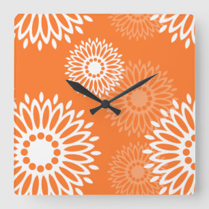 Minimalistiskt Orange Mandala-geometriskt Blommöns Fyrkantig Klocka