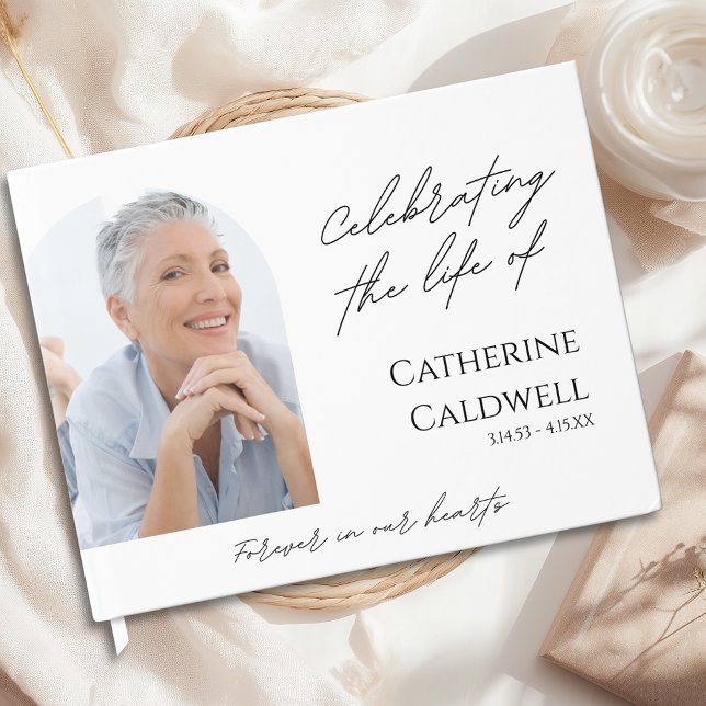 Minimalistiskt överhuvud i våra hjärtefoto gästböcker (Minimalist Forever in Our Hearts Photo Funeral Guest Book)