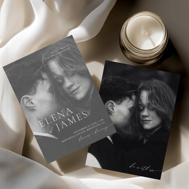 Minimalistiskt överlägg med fotosvart och vit Bröl Inbjudningar (Minimalist Overlay Photo Black & White Wedding)