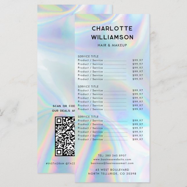 Minimalistiskt Prist visitkort för holografiskt fö Meny (Fram/baksida)