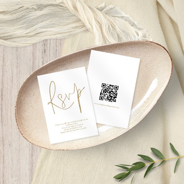 Minimalistiskt QR Guld-skriptkort för Bröllop OSA Inbjudningar (Front and back view of this elegant small RSVP enclosure card with QR code)