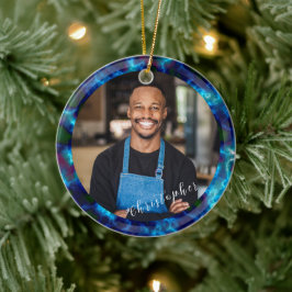 Minimalistiskt röktmolnblått foto julgransprydnad keramik