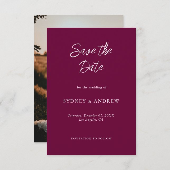 Minimalistiskt romskt burgundfoto spara datumet (Fram/baksida)