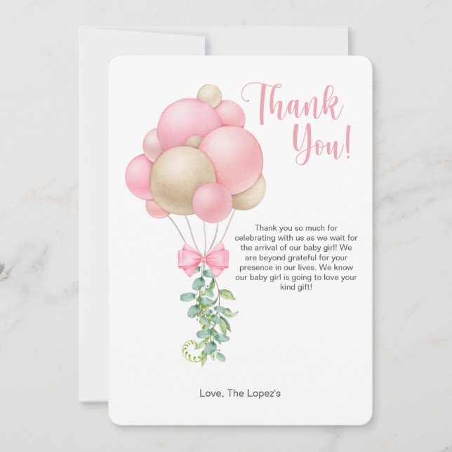 Minimalistiskt Rosa Balloon Baby Shower Tack för d Inbjudningar (Framsida)