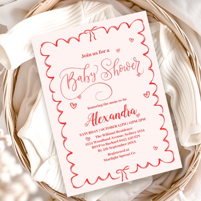 Minimalistiskt Rosa Bow Doodle Baby Shower Inbjudningar (Skapare uppladdad)