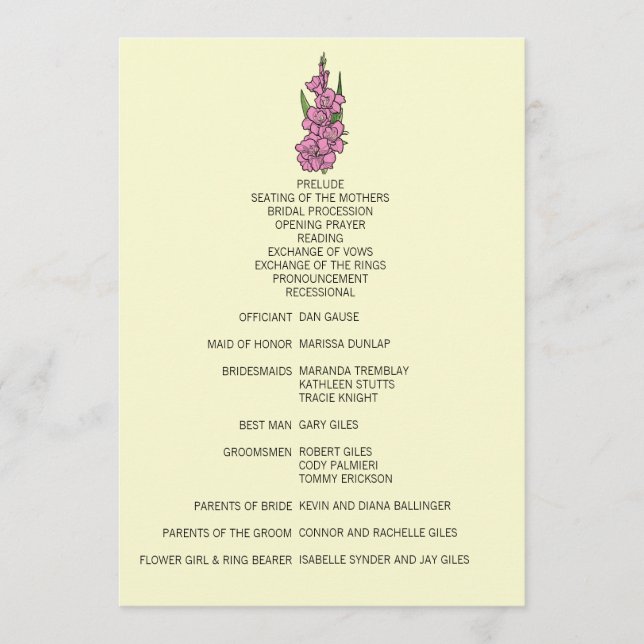 Minimalistiskt Rosa Gladiolus-Bröllopsprogram Program (Framsida)