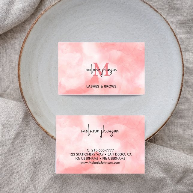 Minimalistiskt  Rosa Marble Watercolor Monogram Visitkort (Skapare uppladdad)