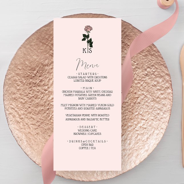 Minimalistiskt Rosa ros Monogram Bröllop Meny (Skapare uppladdad)
