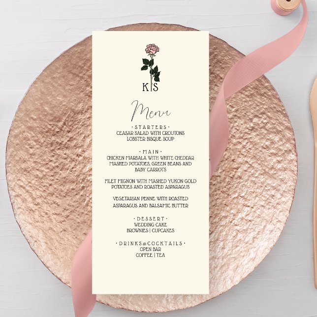 Minimalistiskt Rosa ros Monogram Bröllop Meny (Skapare uppladdad)