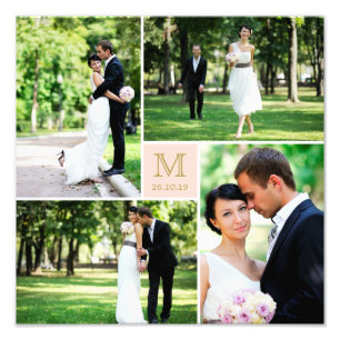 Minimalistiskt Rosa Square Grid Guld Monogram Bröl Fototryck