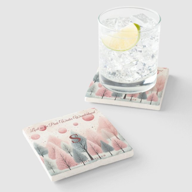 Minimalistiskt Rosa Winter Forest Wonderland Monog Stenunderlägg (Sidan)