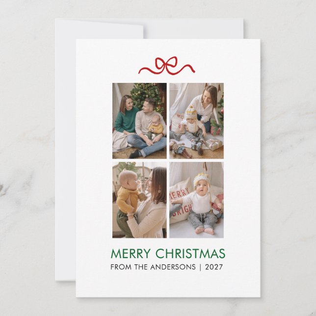 Minimalistiskt rött band 4 Foto God Jul Julkort (Framsida)