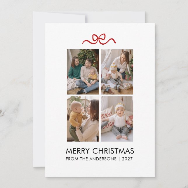 Minimalistiskt rött band 4 Foto God Jul Julkort (Framsida)