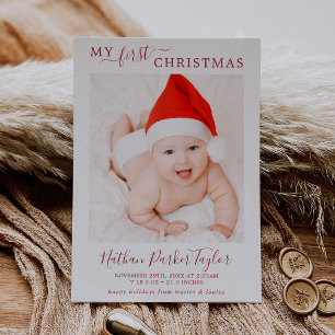 Minimalistiskt rött första julfoto i Baby Julkort
