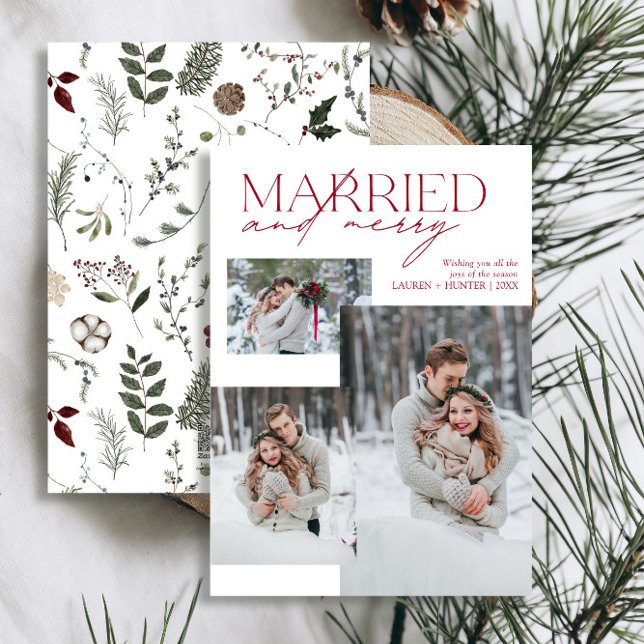 Minimalistiskt rött gift och nylyserat foto av Mer Julkort (Easily personalize this newlywed photo holiday card with your favorite image and deets)