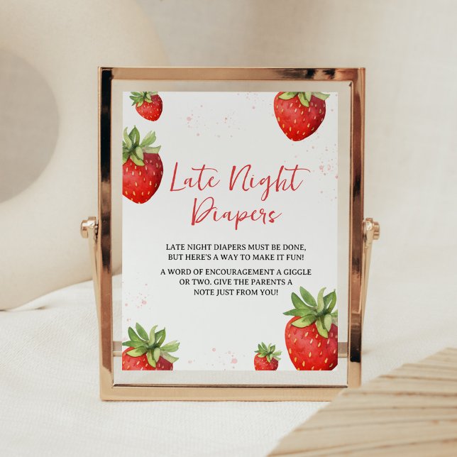 Minimalistiskt rött jordgubbsgubbsförsent på natte poster (Berry Sweet Baby Shower Late Night Diapers Sign)