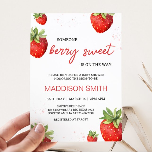 Minimalistiskt rött jordgubbsskjut inbjudningar (Berry Sweet Baby Shower Invitation)