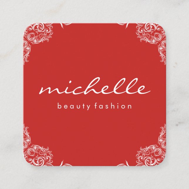 Minimalistiskt rött med kursiva Finare-hörn Fyrkantigt Visitkort (Framsida)