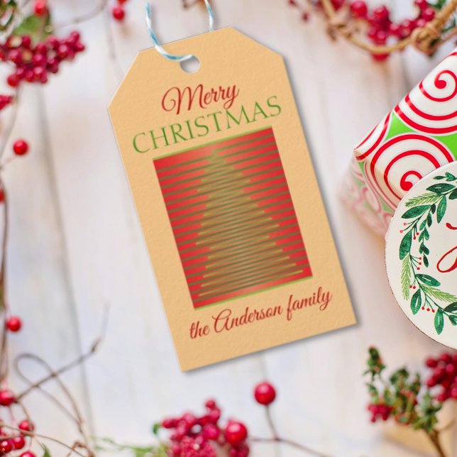 Minimalistiskt, rött och grönt God jul hälsning Presentetikett (Minimalist, striped, green and red Merry Christmas design)