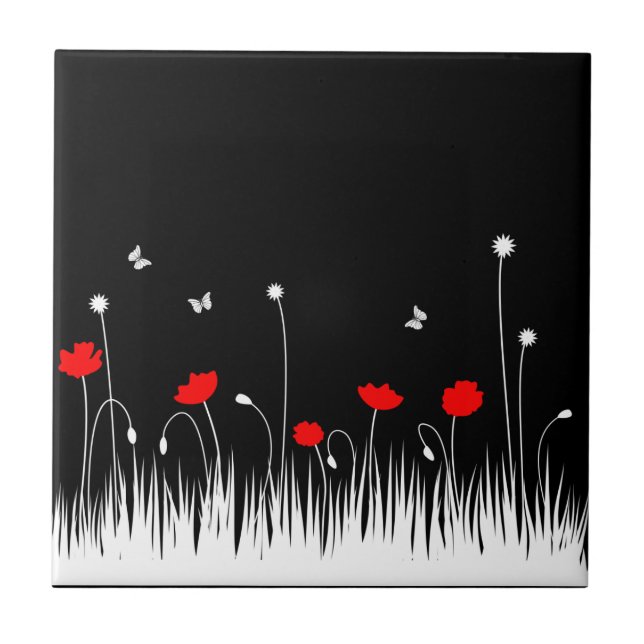 Minimalistiskt rött svart och vit poppies med fets kakelplatta (Framsidan)