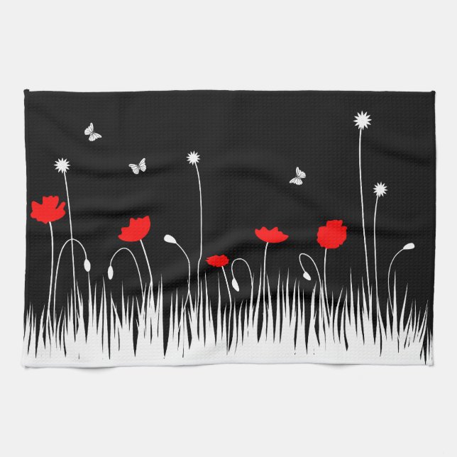 Minimalistiskt rött svart och vit poppies med fets kökshandduk (Horisontell)
