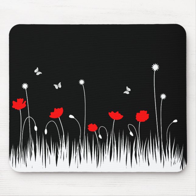 Minimalistiskt rött svart och vit poppies med fets musmatta (Framsidan)