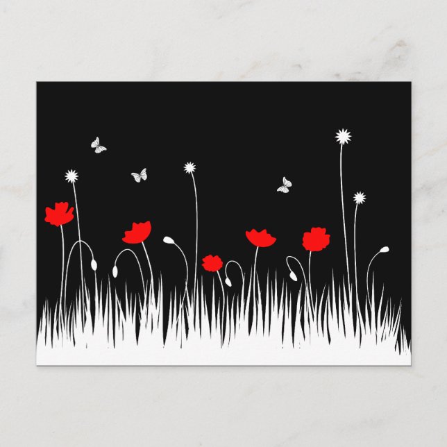 Minimalistiskt rött svart och vit poppies med fets vykort (Framsida)