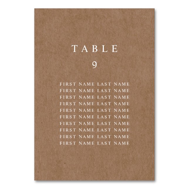 Minimalistiskt Rustic Kraft-Bordsnummer med Namn Bordsnummer (Framsidan)